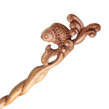 CrystalMood Handmade Carved Wood Hair Stick Carp Leap 6.75" Peachwood